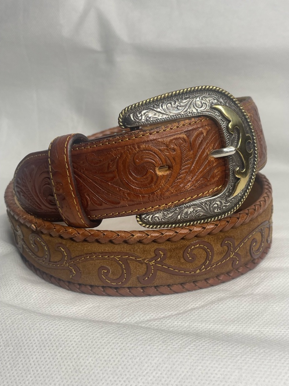 Vintage Western Tooled Leather & Suede Belt Size 34 Brown Tan Gold/Silver Buckle